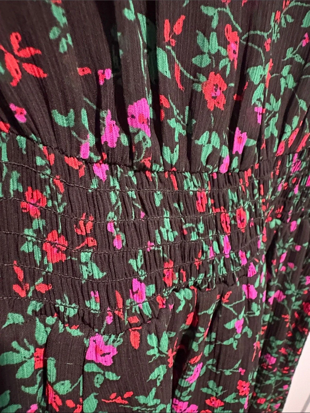 Ladies' Black Floral Midi Dress with Magenta & Red Blooms